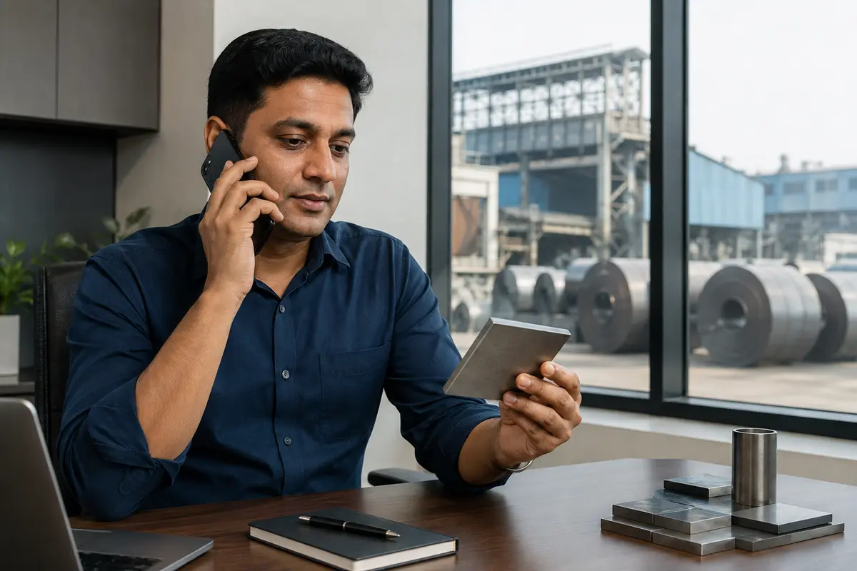 Steel industry professional discussing a material requirement by phone