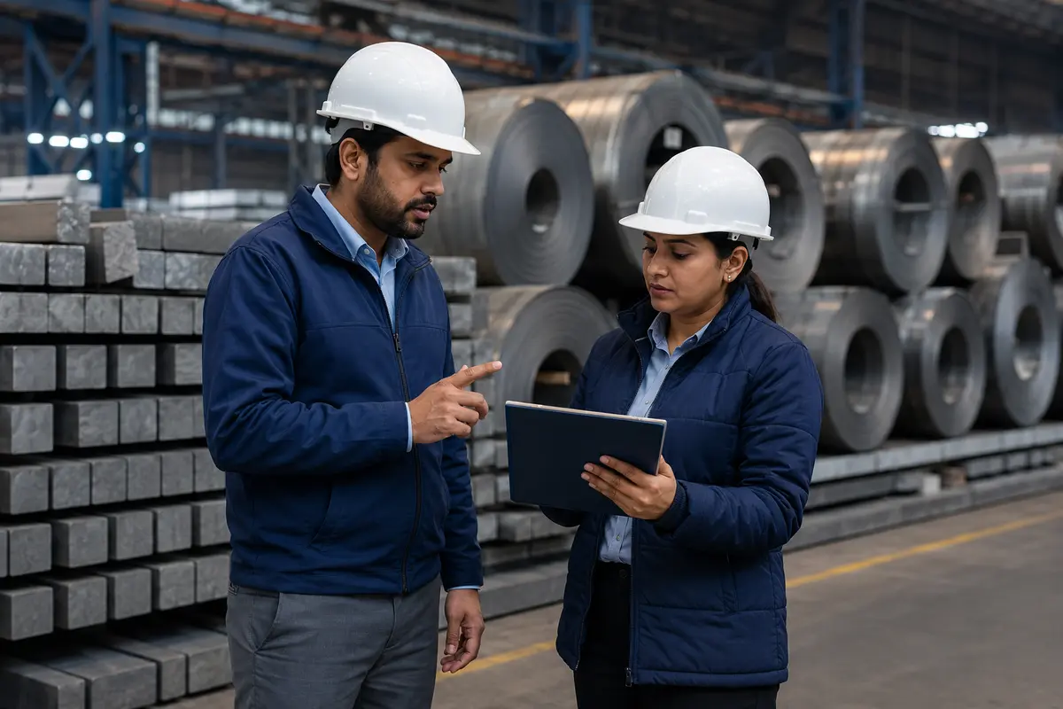 Industrial procurement professionals discussing steel inventory