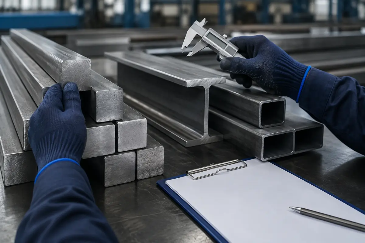 Steel sections being checked with a precision caliper